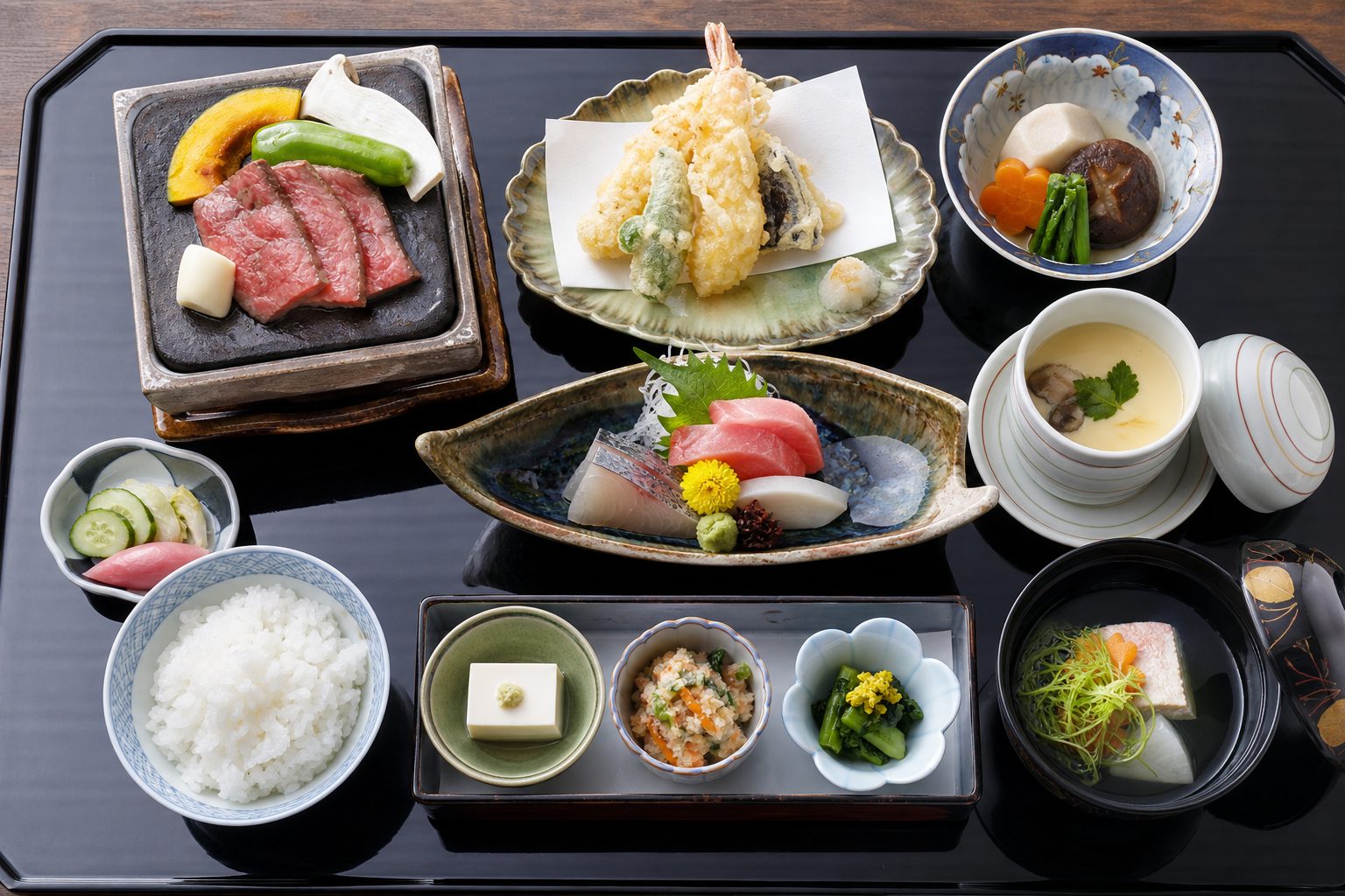 信州牛や地元食材を使った会席料理のお膳(イメージ)